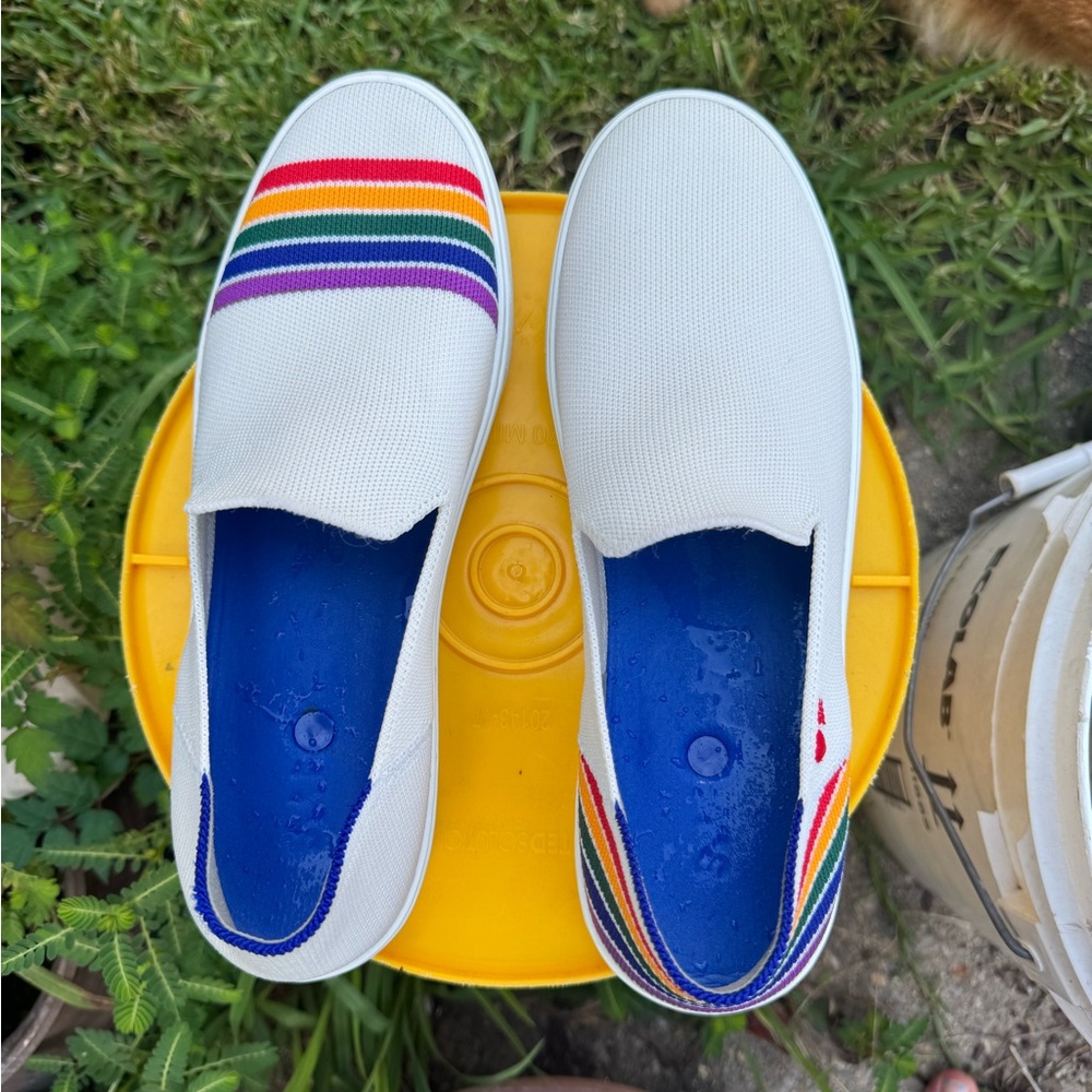 White Slip-On Shoes with Rainbow Stripes